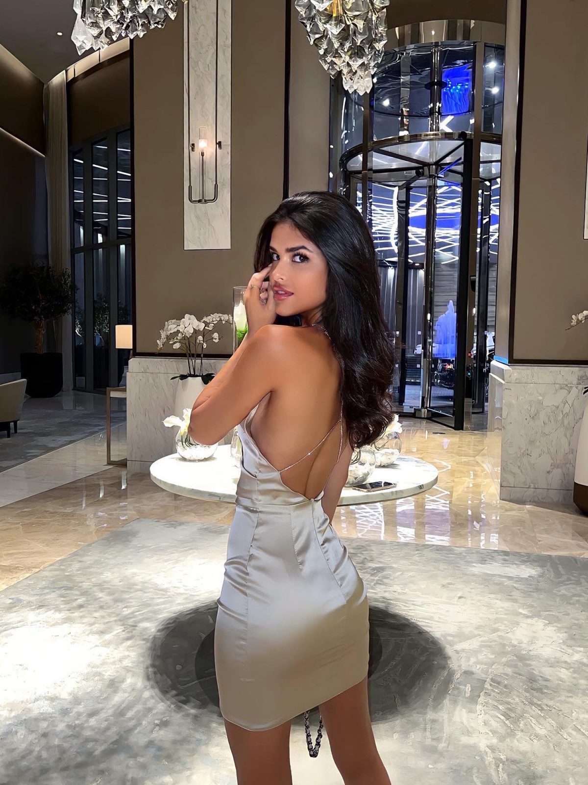 beige party dress with open back