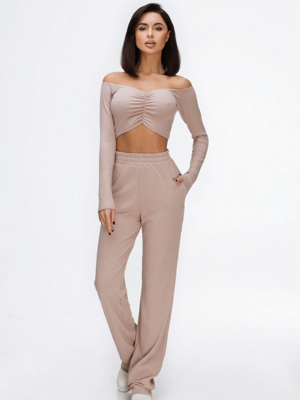 off-shoulder knit crop top and wide-leg pants set trendy two-piece summer outfit with long sleeves knit crop top with wide-leg trousers for women casual lounge set with draped crop top off shoulder co-ord outfit for summer day