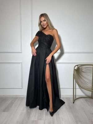 asymmetrical elegant black formal maxi dress handmade party dress unique evening dress