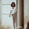 Ivory double-breasted trouser suit women with peaked lapels — GLOWSYOU