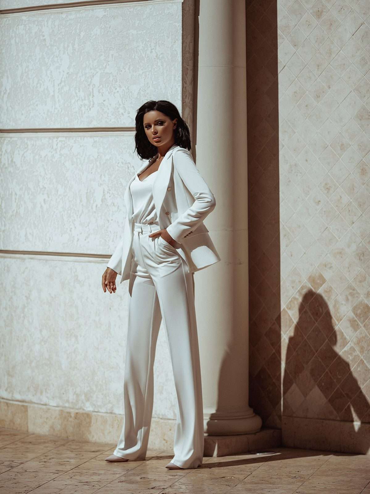 High-waist wide-leg ivory trousers with side pockets — GLOWSYOU women’s suit