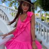ruffle summer asymmetric bow pink dress