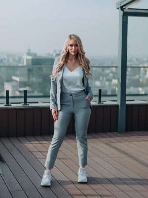 Grey 2-Piece Slim Suit with Single-Breasted Blazer and Cropped Trousers