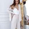 Beige double-breasted trouser suit women with peaked lapels — GLOWSYOU