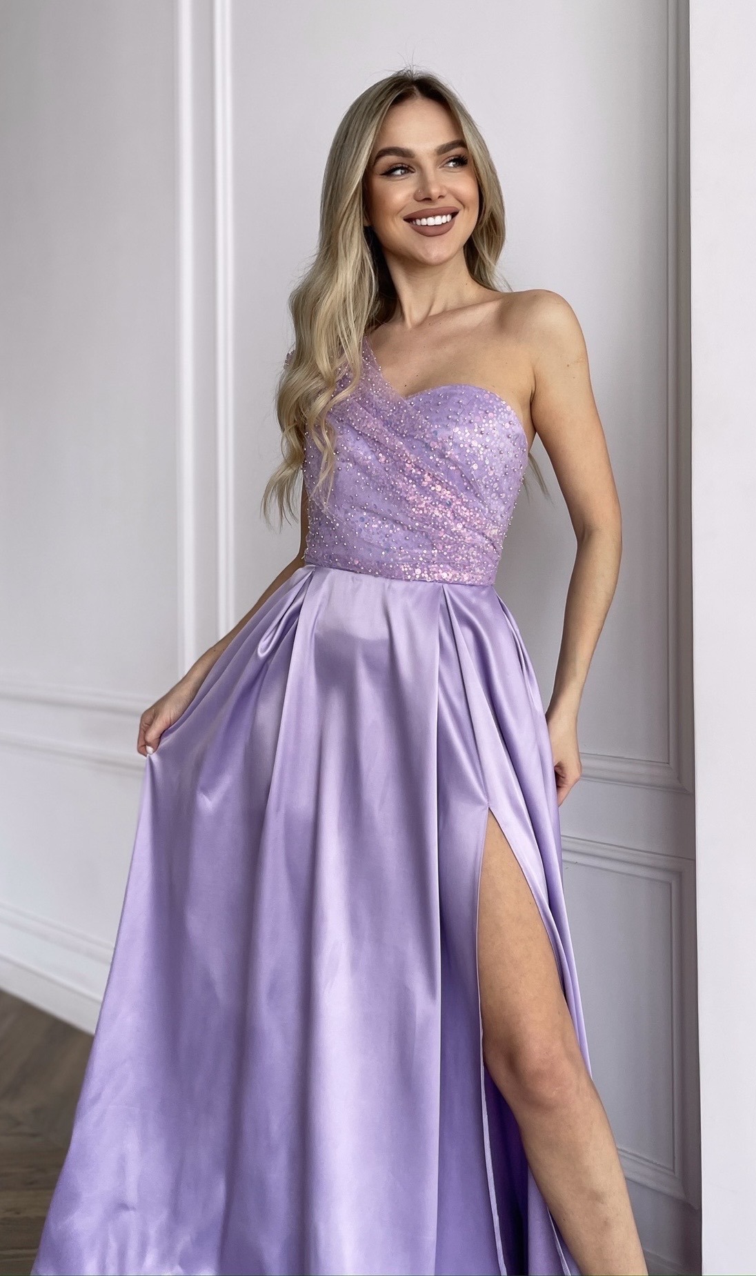 one shoulder gown with sequins