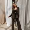 Black double-breasted trouser suit women with peaked lapels — GLOWSYOU