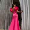 Mermaid skirt fuchsia evening gown with high slit