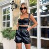 High waisted faux leather shorts with ruffled waistband and pockets — GLOWSYOU spring co-ord