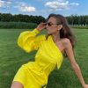 one-shoulder dress with pleated long sleeve