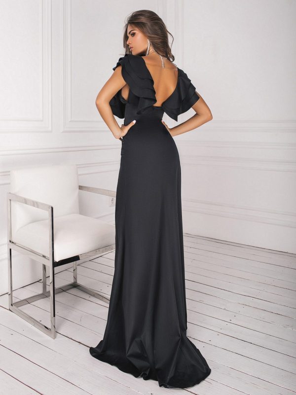 Elegant Open back maxi black dress for wedding guests