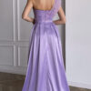 Full-length back view of lavender satin maxi dress with structured corset and one-shoulder silhouette