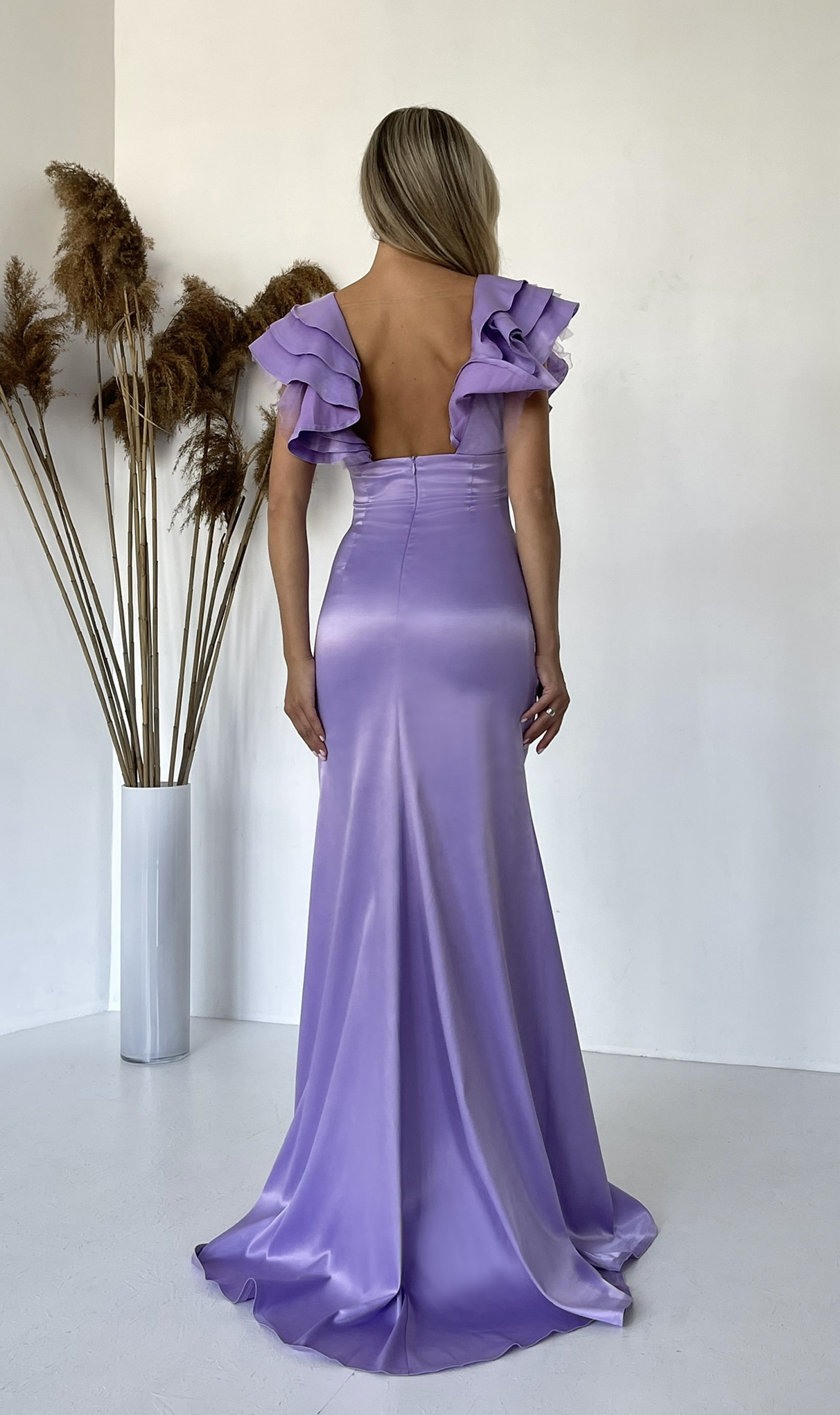 lavender maxi prom dress with open back