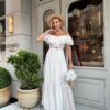 white maxi dress off shoulder dress boho summer dress linen lace dress custom dress made to order dress airy dress natural fabric dress bridal shower dress vacation dress white viscose dress elastic neckline dress romantic midi dress