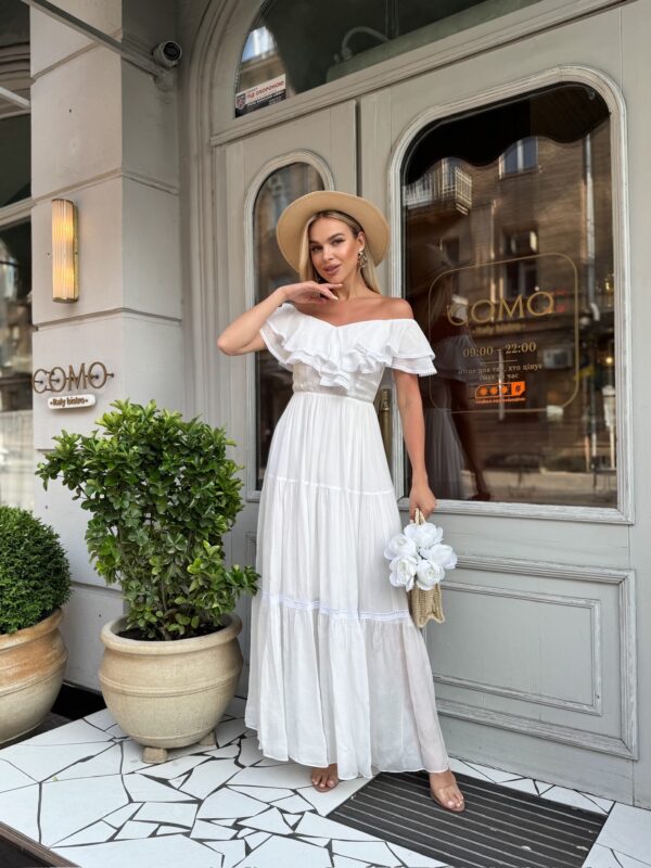 white maxi dress off shoulder dress boho summer dress linen lace dress custom dress made to order dress airy dress natural fabric dress bridal shower dress vacation dress white viscose dress elastic neckline dress romantic midi dress