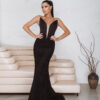Drop waist black gown with sculpting corset and textured rose-appliqué skirt for formal occasions