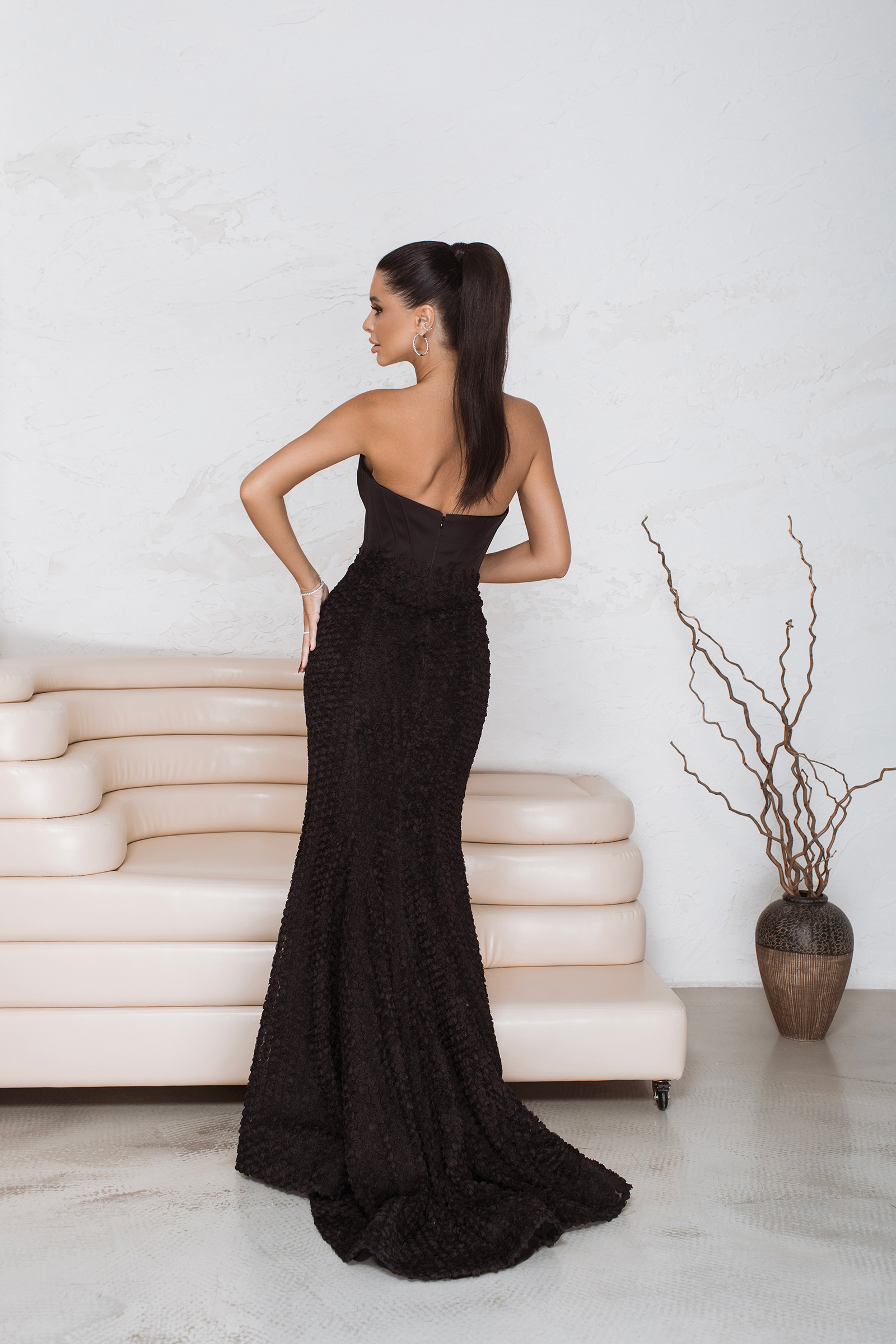 Statement black evening dress with corset bodice and voluminous 3D floral skirt, made-to-measure