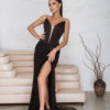 black sequin maxi evening dress with draped long skirt and long train, made to measure by GLOWSYOU.