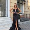 Black silk evening gown with train