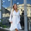 Adjustable drawstring waist white maternity friendly dress - customizable fit detail