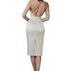 Beige satin midi dress women with V-neckline and open back — GLOWSYOU Image 2: